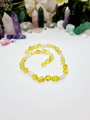 Large Bean Shaped Lemon Amber with Bean Shaped Pink Quartz Necklace