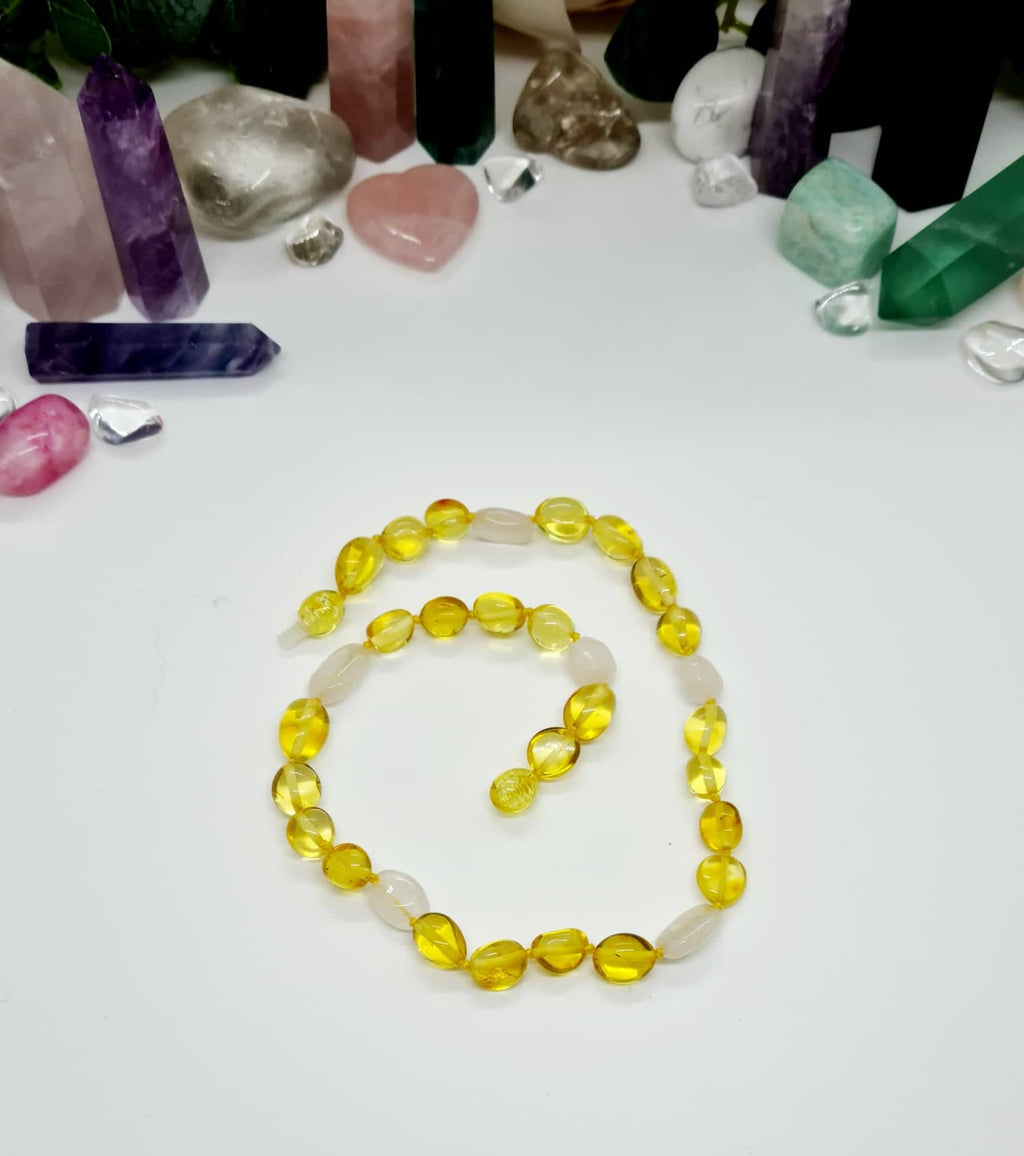 Large Bean Shaped Lemon Amber with Bean Shaped Pink Quartz Necklace