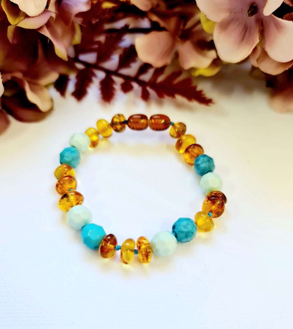 Large Round Light Cognac Amber with Mixed Blue Space Beads 