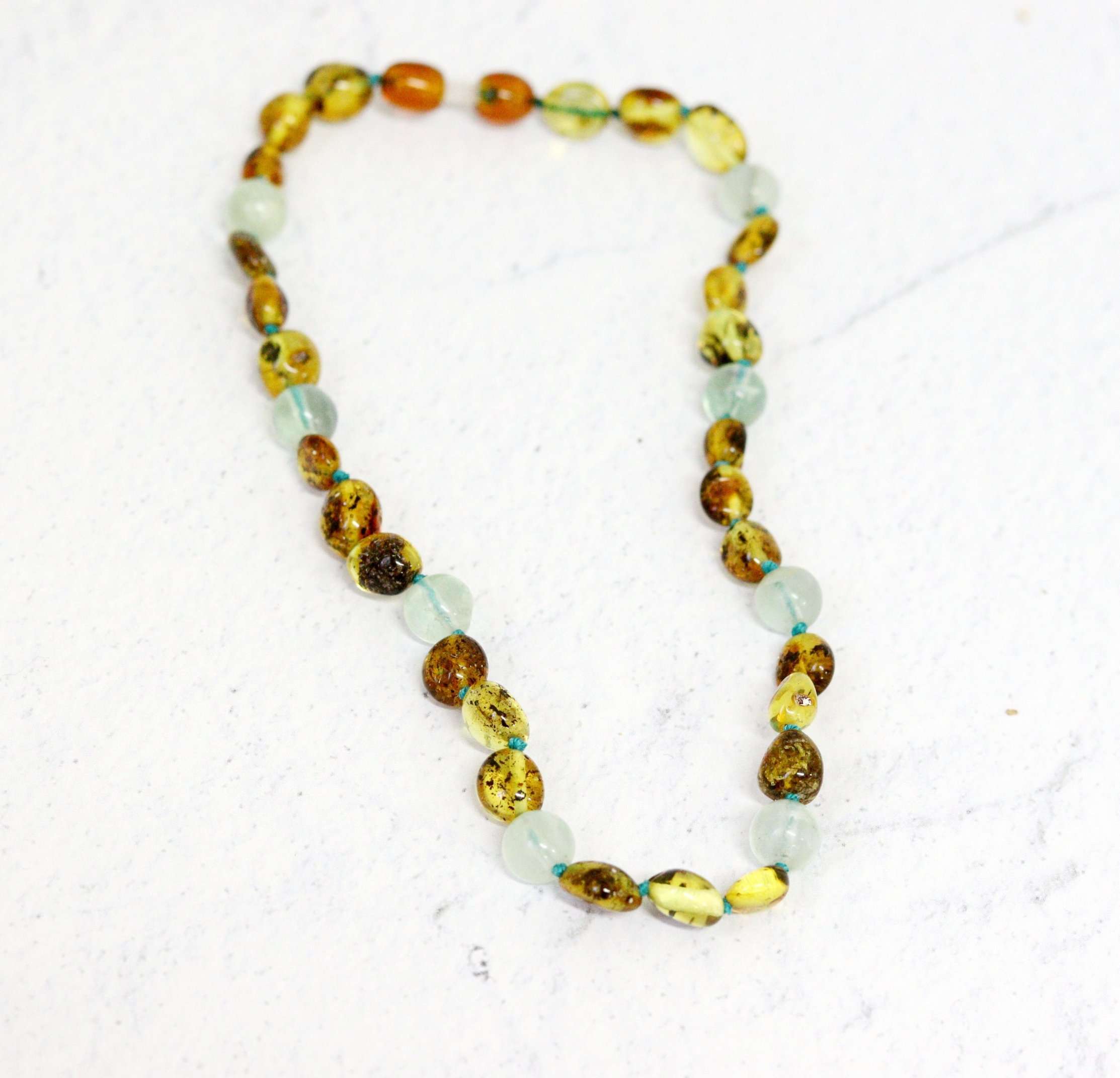 Large Bean-Shaped Green Amber with Fluorite Necklace