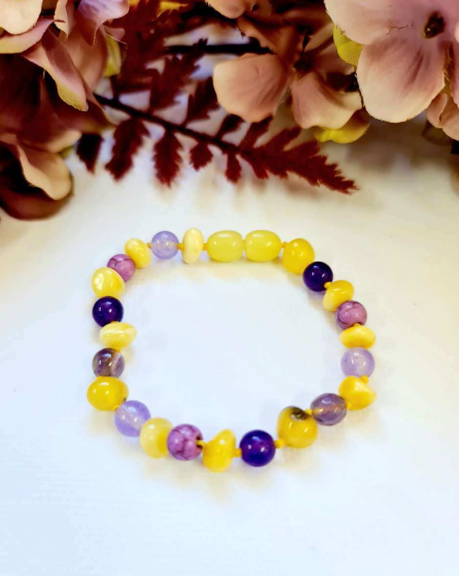 Large Rounded Butterscotch Amber Bead with Amethyst and Purple Turquoise Spacers