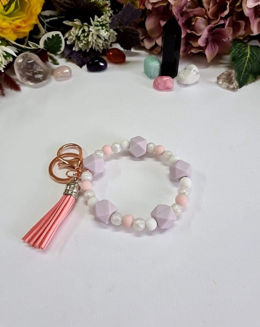 Lilac, Pearl, White and Pink Silicone Beaded Keychain Bracelet