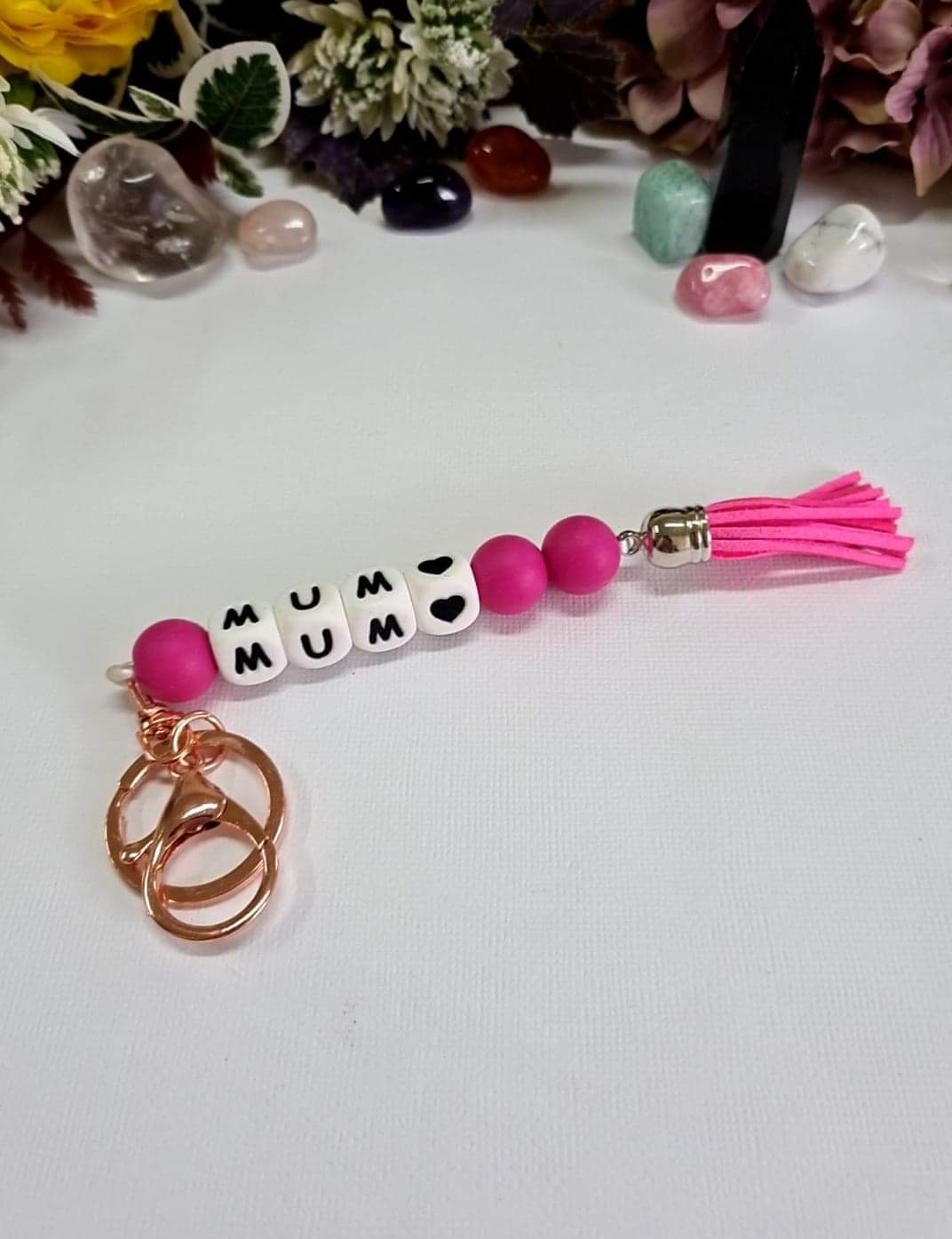 MUM White and Pink Silicone Beaded Keychain