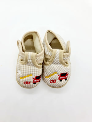 Soft Fabric Baby Shoes- Beige Plaid/Red Car