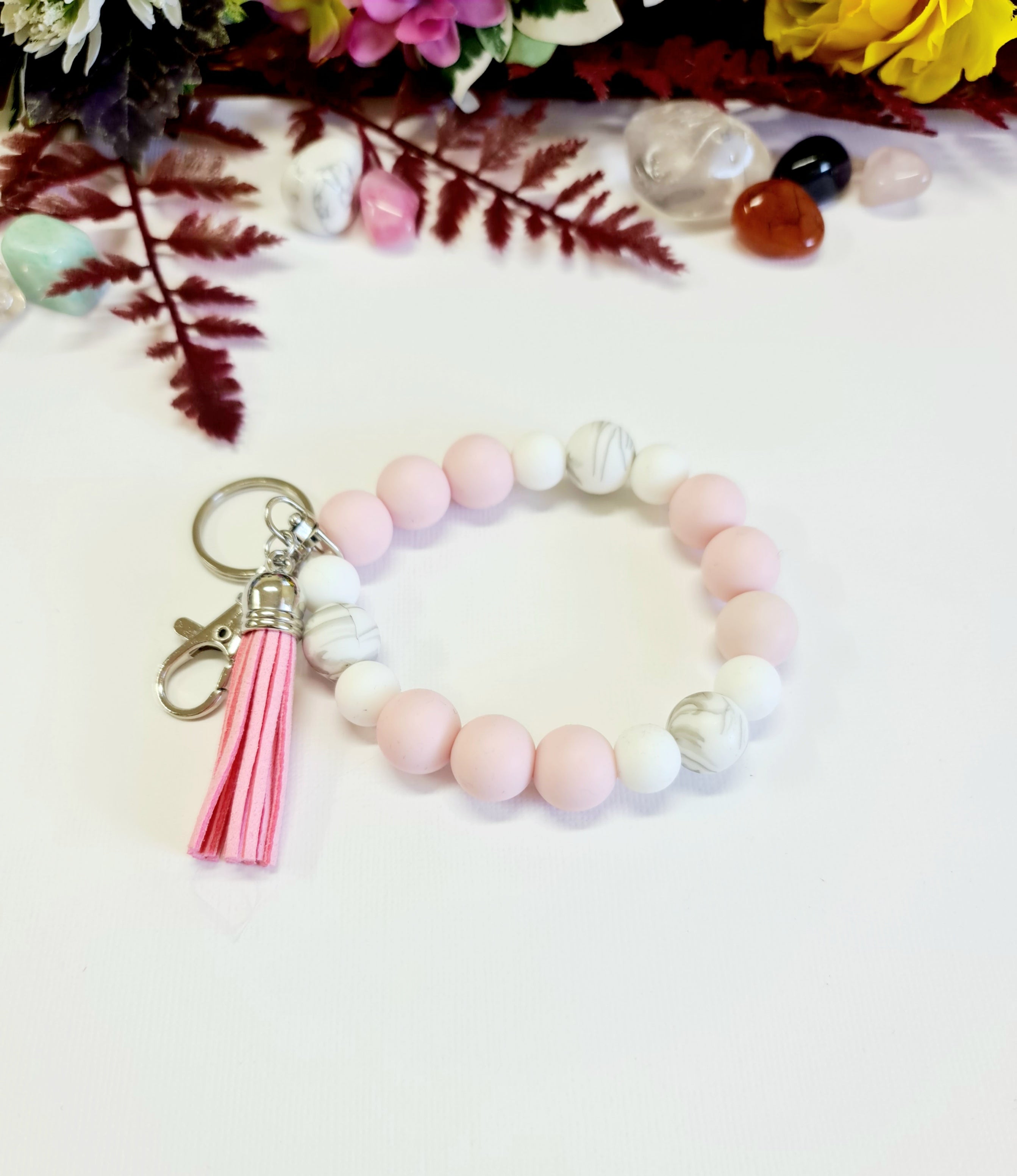 Pink ,White, and Marble Silicone Bracelet Keychain