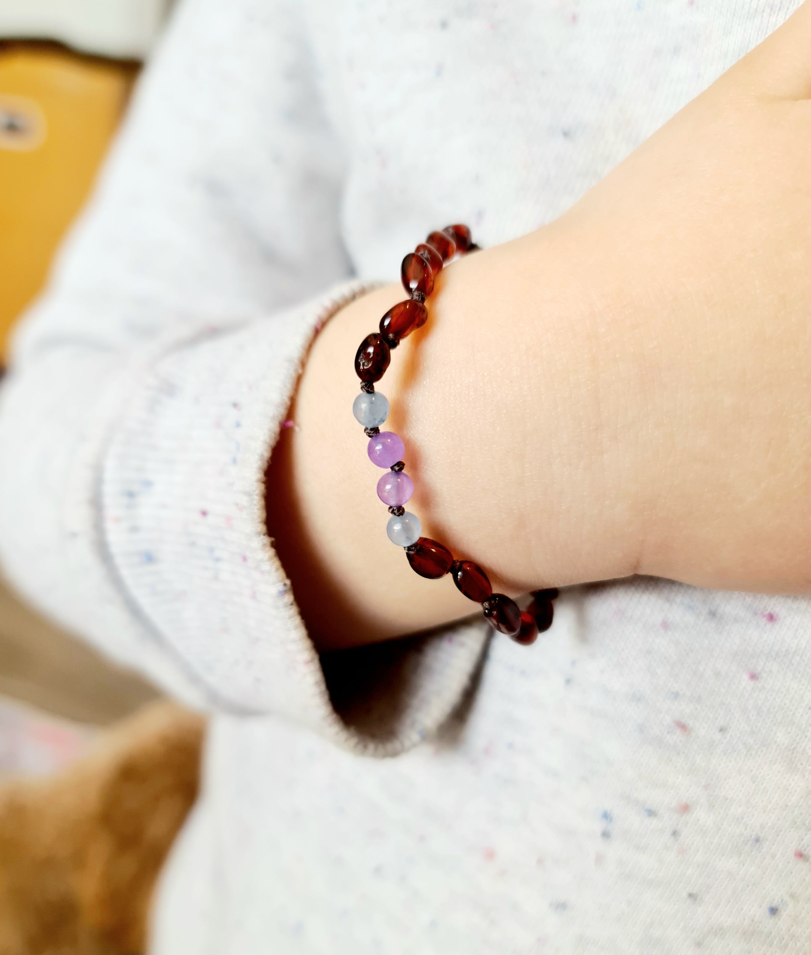 Small Bean Dark Cognac Amber with Purple and Blue Spacers - Sophie Collection