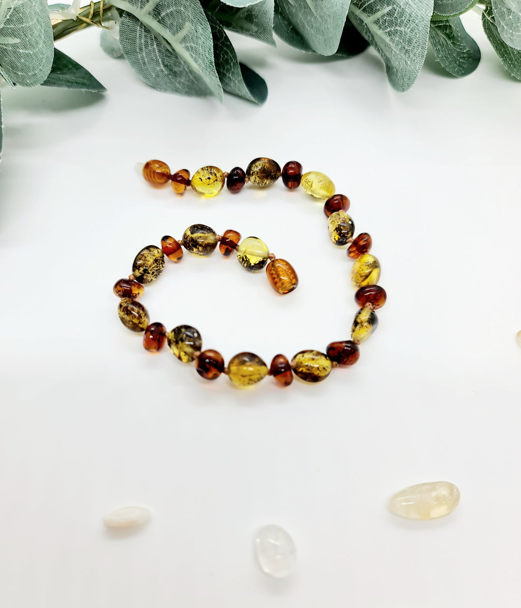 Small Round Light Cognac Amber with Mixed Striped Agate Bracelet/Anklet