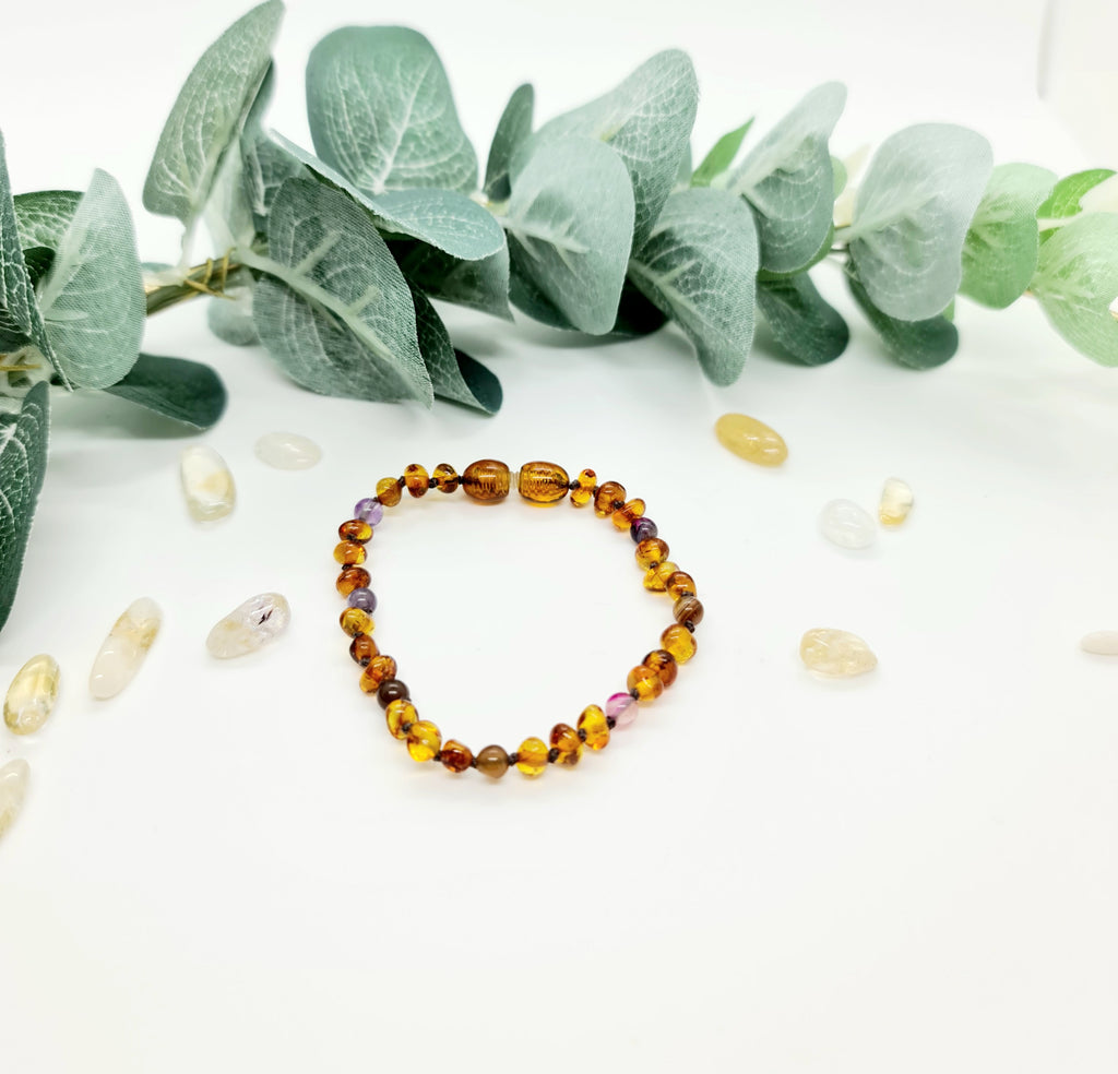 Small Round Light Cognac Amber with Mixed Striped Agate Bracelet or Anklet