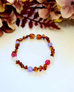 Small Rounded Dark Cognac Amber with Pink and Purple Mixed Spacers