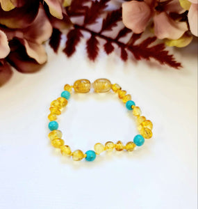Small Round Lemon Amber Bead with Blue Turquoise 
