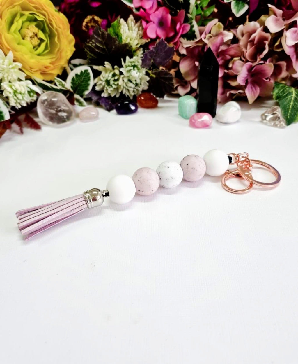 White and Pink Speckled Silicone Beaded Keychain