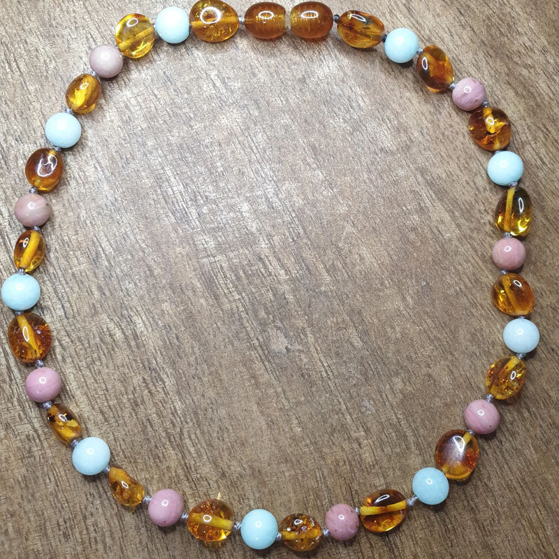 Large light cognac bean shape amber with Amazonite and rhodochrosite gem Necklace - The Beaded Bub