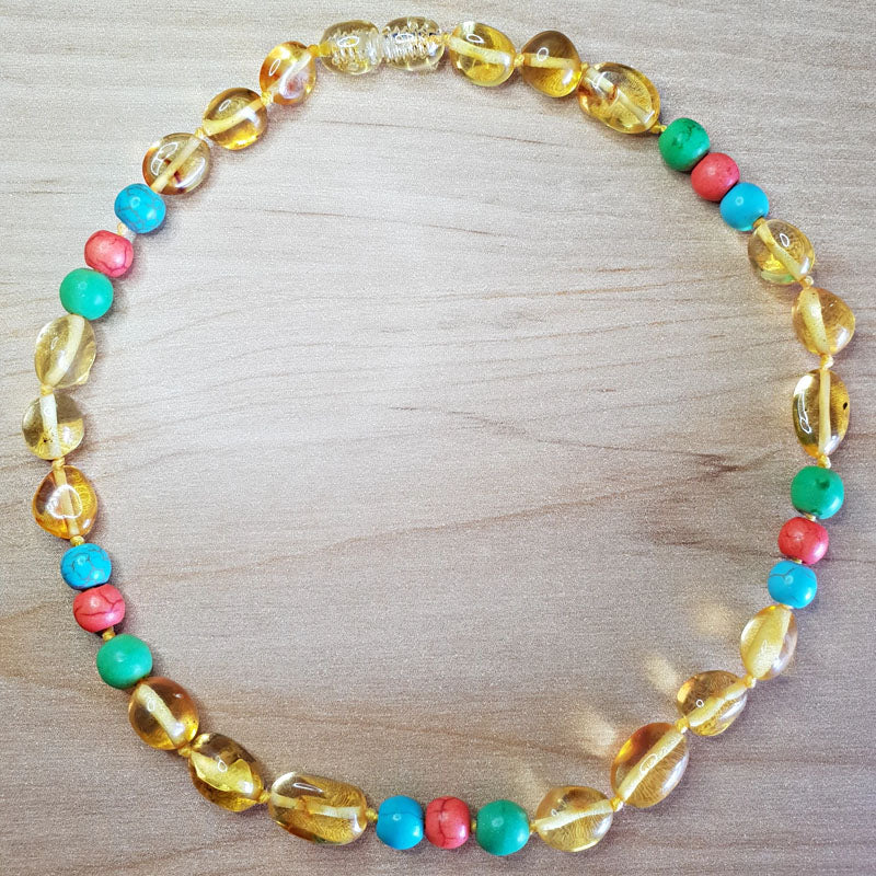 Lemon Baltic Amber Necklace with coloured turquoise beads - The Beaded Bub